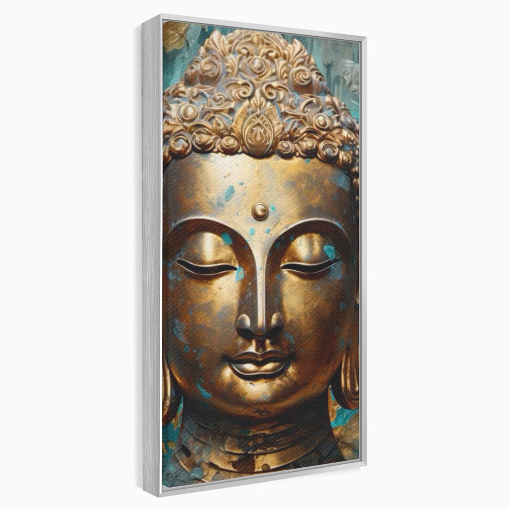 Tablou canvas cu tablou canvas cu capul lui buddha aurit, in rama de aluminiu argintiu